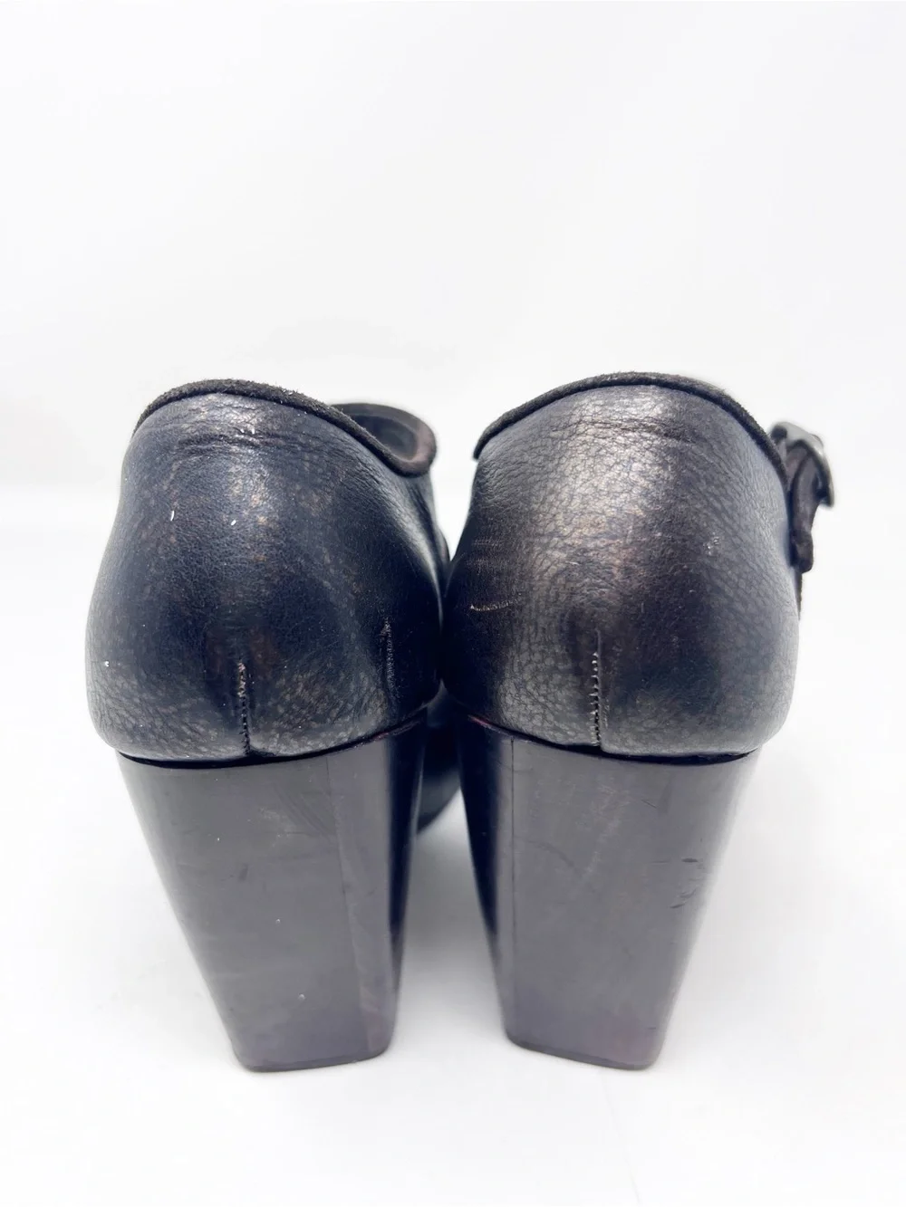 CALLEEN CORDERO BROWN LEATHER STUDDED ROIND TOE WOODEN PLATFORM CLOGS SHOES SZ 8